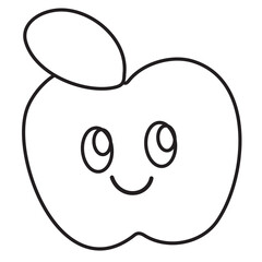 Happy apple outline for fruit, vegan, cartoon character, mascot, cute patch, brooch, grocery shopping, supermarket, market, sticker, breakfast, lunch, diet, snack, kid colouring book, art, painting