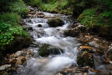 Obraz premium Tranquil Creek Flowing Over Rocks in a Lush Forest