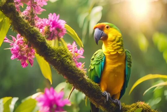 A linnet perched on a sunlit branch, its feathers a soft blend of browns and reds. Surrounding it, a vibrant meadow in full bloom, with colorful wildflowers swaying gently in the breeze.