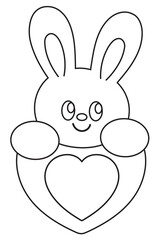 Bunny and heart outline for kid colouring book, art, painting, animal print, tattoo, zoo, souvenir shop, rabbit cartoon, character, comic, mascot, standee, colouring page, amusement park, happy easter