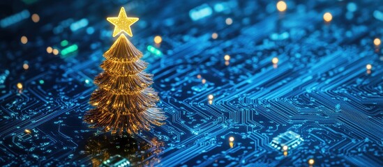 illuminated abstract xmas christmas tree with star on top falling snowflakes against blue technology circuit background . 
