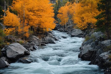 Obraz premium A Stream of Water Flows Through a Forest of Golden Autumn Trees