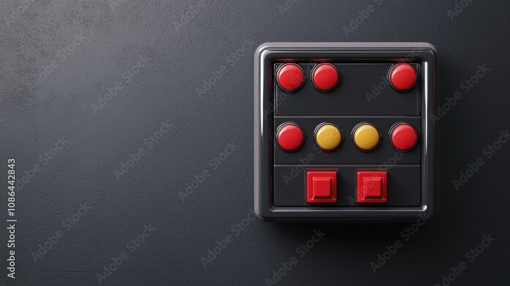 Poster retro game controller buttons red yellow 3d render black background gaming interface