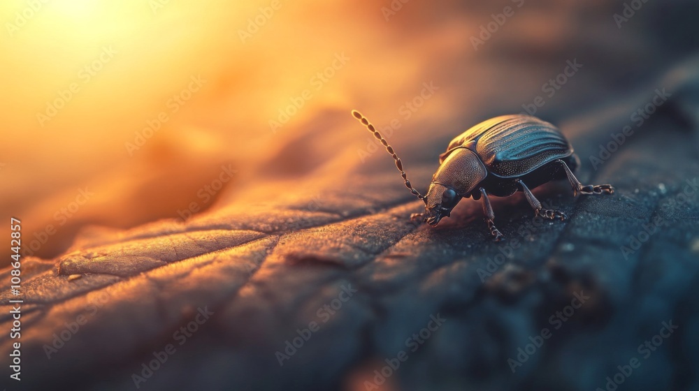 Leinwandbilder Close-Up View of a Colorful Beetle Crawling on a Leaf with a Glowing Sunset in the Background Creating a Warm and Inviting Atmosphere for Nature Lovers