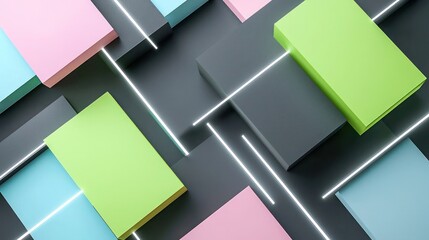 Charcoal grey and lime green blocks with bright white lines, pale blue and soft pink accents, dynamic and abstract layout