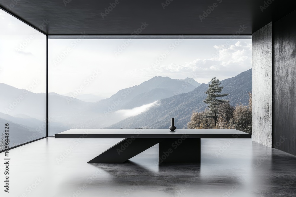 Poster minimalist interior design with a large window overlooking a mountain range.
