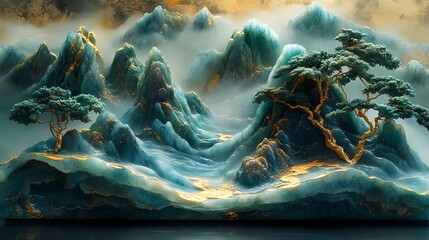 Fototapeta premium Traditional Chinese mountains green jade pavilions illustration poster background