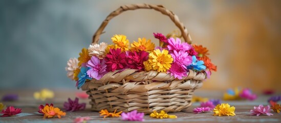 Obraz premium Basket Full Of Colorful Paper Flowers Wedding Flower Basket Decoration Bouquets Of Dried Flowers Dried Floral Bouquet In A Basket Happy Vishu Onam Birthday Wishes
