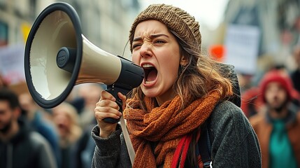 A young woman with brown hair is holding up and shouting into a megaphone at an outdoor protest, with people in the background