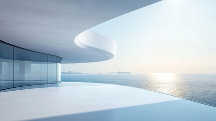 Fototapeta premium A white concrete floor with an oval window overlooking the sea, the city skyline in the distance, a light blue sky, a minimalist style, a futuristic feeling, bright ligh