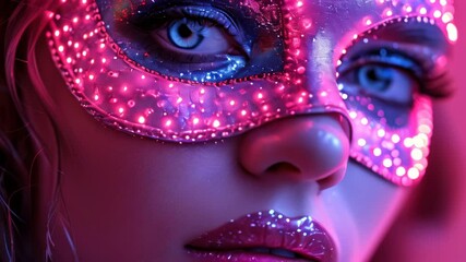 A captivating masked performer showcases vibrant makeup and stunning blue eyes at an extravagant party in a neon-lit atmosphere