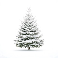 Fototapeta premium A minimalist depiction of a single, majestic snow-covered fir tree, isolated perfectly against a bright white canvas. The focus on the trees texture and the shimmering snow creates an elegant yet