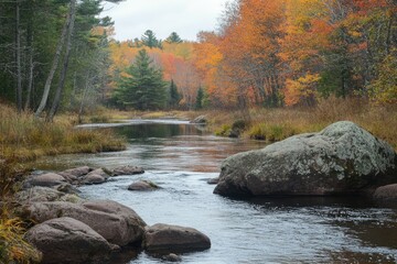 A Tranquil River Flowing Through Autumnal Forest