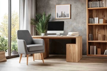 A modern home office with a wooden desk, a grey armchair, a computer, a bookshelf, and a plant.