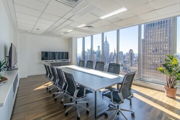 Obraz premium Modern conference room with large windows and a city view.