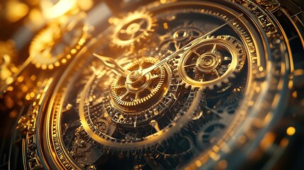 Obraz premium Close-up of intricate clock gears and dials, symbolizing the beauty in time's journey, with golden hues and soft lighting