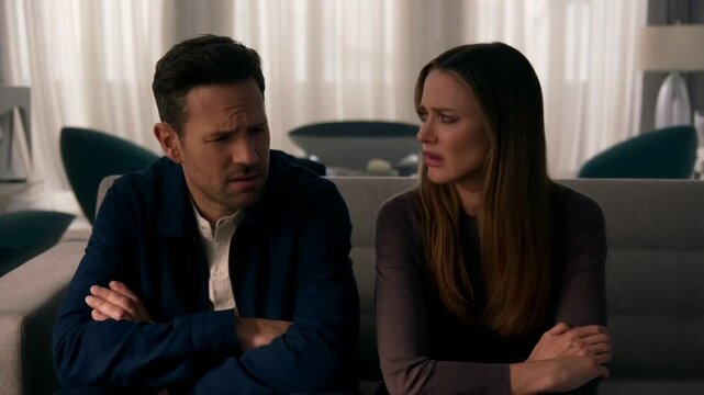 Couple in intense conversation about relationship issues in a modern living room setting