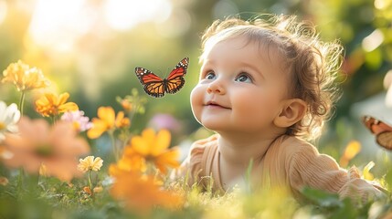baby crawling on the grass in a beautiful garden, with butterflies and flowers nearby