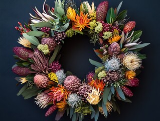 Native Australian flora arranged in a festive wreath for Australia Day celebrations