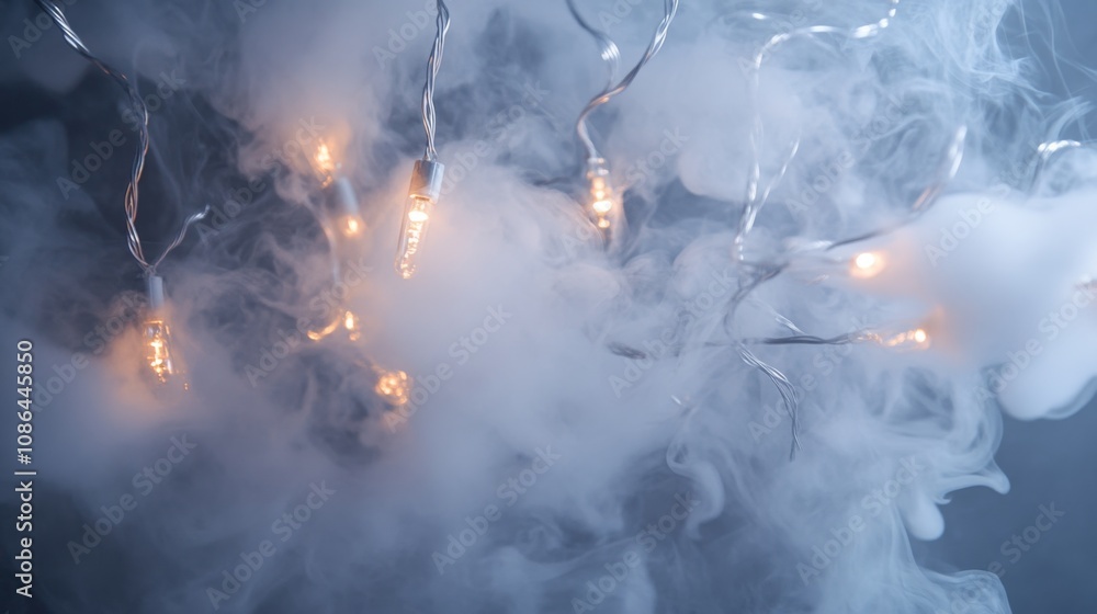 Poster enchanting smoke and light: captivating scene of vintage bulbs illuminated amidst whimsical fog and 