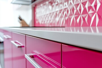 Close up of a modern kitchen countertop and cabinets with a pink and white color scheme.