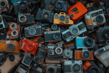 A colorful collection of vintage cameras.