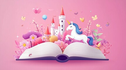Book festival concept design. Open big book with magic forest, castle, unicorn and flowers. Fantasy and imagination concept design.