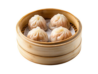 Delicious dumplings served in a traditional bamboo steamer, perfect for dim sum enthusiasts.