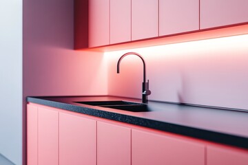 Modern kitchen sink with black countertop and pink cabinets.