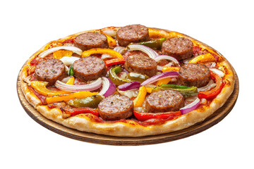 Delicious pizza topped with savory sausage, colorful peppers, and onions on a wooden pizza board.