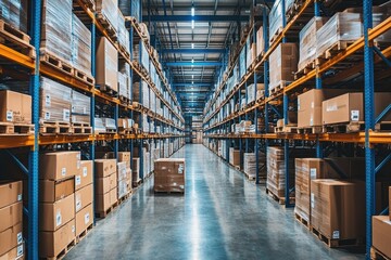 A long aisle of a warehouse with shelves stacked high with cardboard boxes.