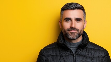 Obraz premium Handsome Man Winter Jacket Yellow Background Portrait Studio Shot