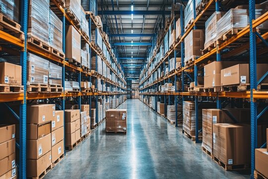 A long aisle of a warehouse with shelves stacked high with cardboard boxes. - Powered by Adobe
