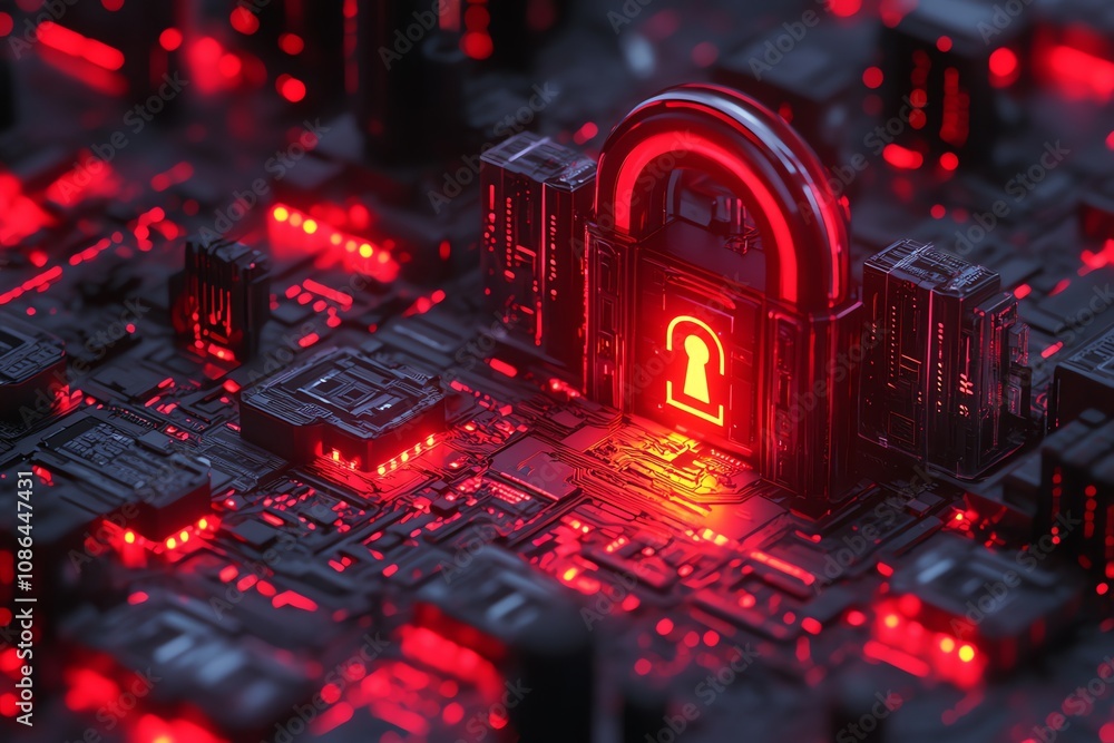 Poster A red glowing padlock sits on a circuit board, representing cybersecurity and data protection.