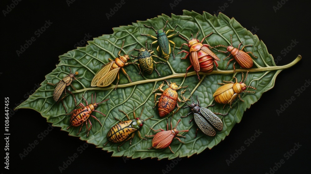 Poster a vibrant collection of insects displayed on a leaf showcasing diverse colors, patterns, and texture