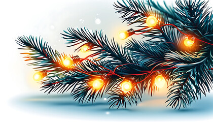Bright Christmas lights on pine branches create festive atmosphere