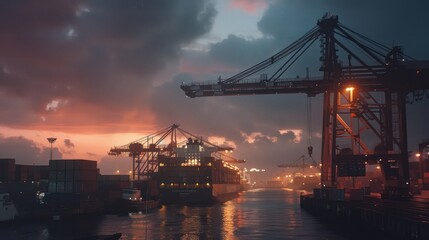 Fototapeta premium Logistic Import Export background, Bokeh of Port cranes working at night in sea port, Shipping, Logistics, Transportation Systems, Industrial Container Cargo freight ship.