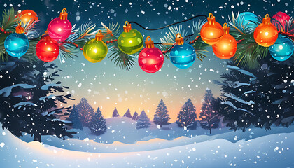 Fototapeta premium Colorful Christmas lights adorn snowy winter landscape, creating festive atmosphere