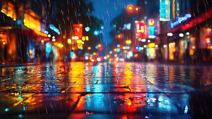 Obraz premium A photograph of a city street after rain, with reflections on the wet pavement, neon lights reflecting in the puddles