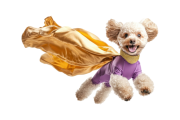 Playful dog in superhero costume flying with a cape against a white background.