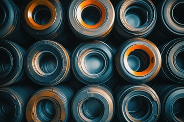 A stack of black and orange camera lenses.