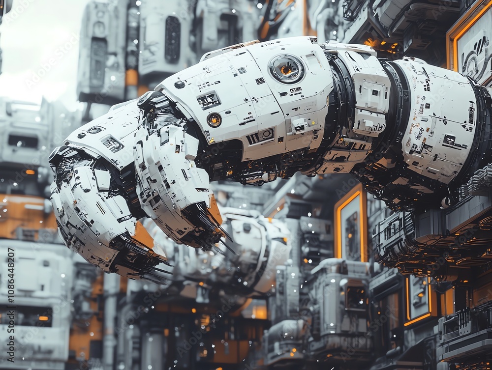 Leinwandbilder a robotic hand with intricate details and a futuristic design reaches out towards a cityscape of tow