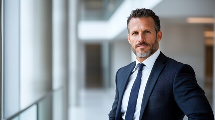 Businessman in a suit posing confidently, copy space available for promotional content, high-end professional portrait, deep depth of field
