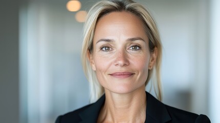 Fototapeta premium Professional headshot of a female executive, clear focus on face, soft background blur, ideal for advertising purposes, deep depth of field