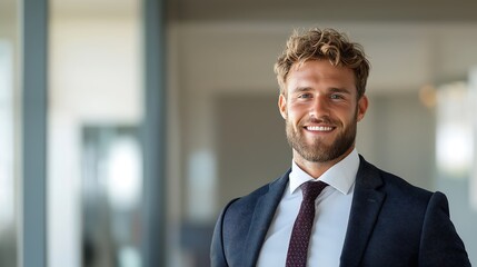Fototapeta premium Professional headshot of a smiling man in business attire, clear focus with a blurred background, space for advertising content, deep depth of field