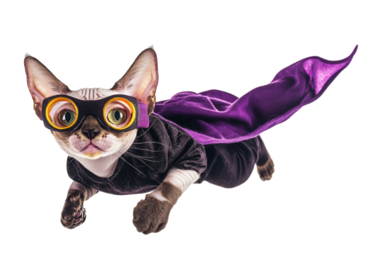 A playful cat in a superhero costume with glasses and a cape, isolated on a white background.