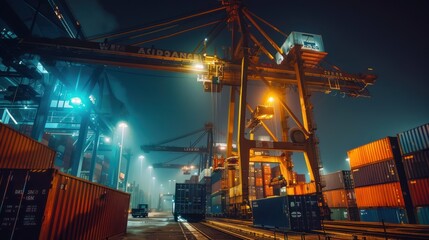Obraz premium Logistic Import Export background, Bokeh of Port cranes working at night in sea port, Shipping, Logistics, Transportation Systems, Industrial Container Cargo freight ship.