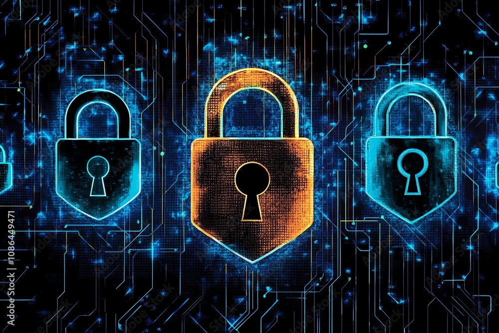 Poster a row of glowing padlocks, representing digital security, over a circuit board background.
