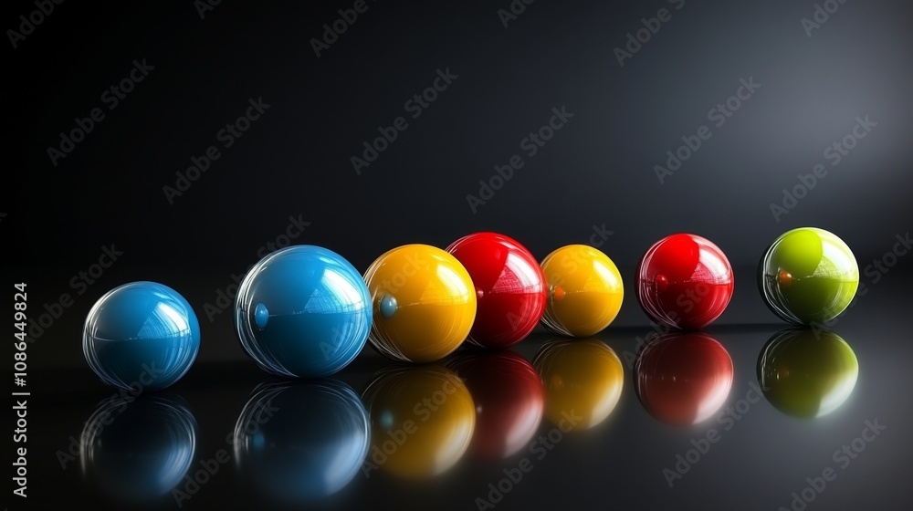 Poster colorful reflective spheres arranged in a line on a dark background with smooth surface creating an 