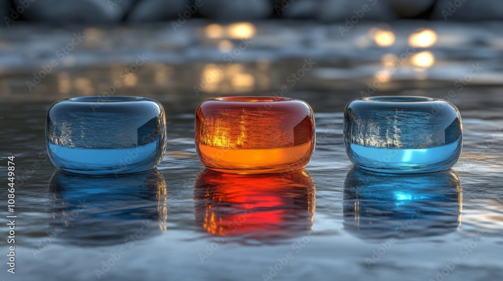 Aufkleber colorful glass candle holders on reflective surface with soft lighting creating a serene ambience fo